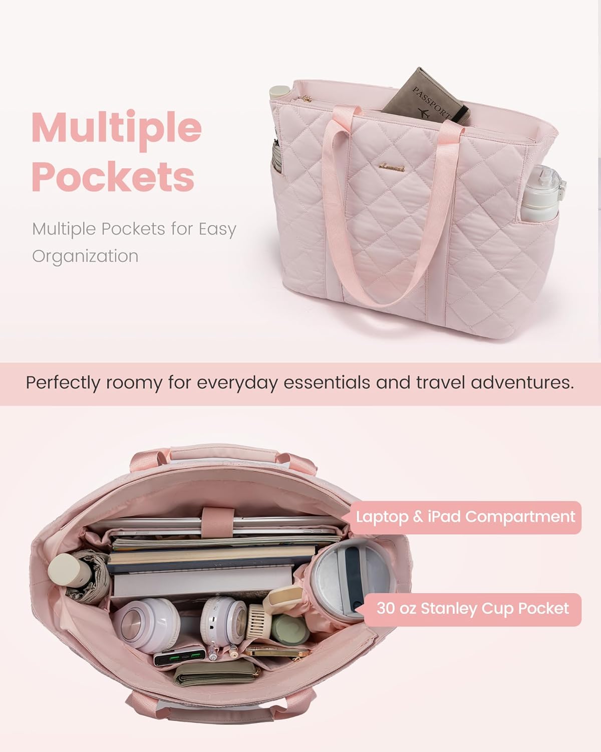 LOVEVOOK Laptop Tote Bag for Women,Quilted Puffer Laptop Bag Purse Computer Travel Work Tote Bags for Women with Zipper