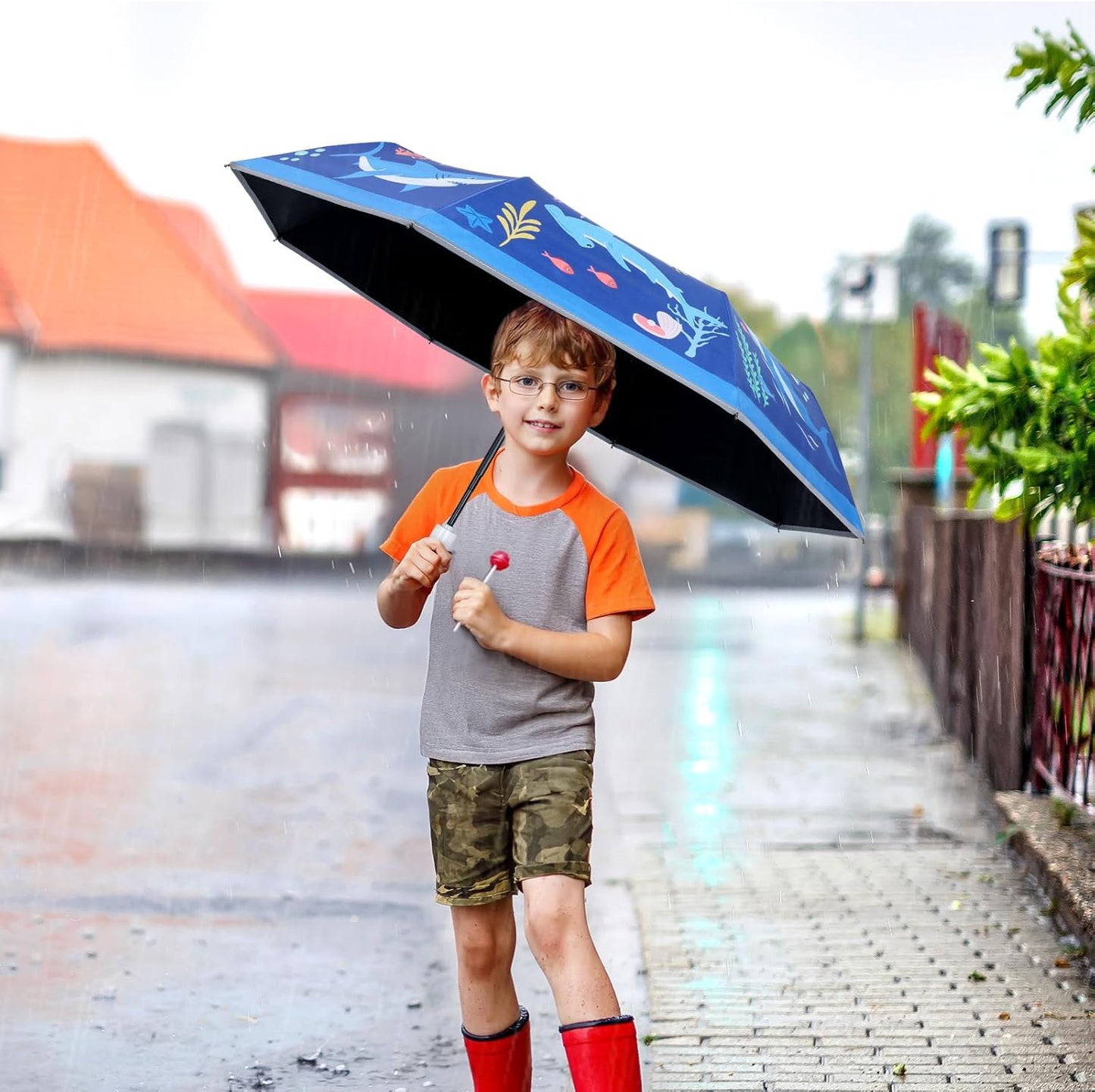 Kids Folding Umbrella Auto Open/Close Anti-rebound Safe Design UV Resistant Automatic Children Travel Umbrellas 8 Rib Reinforced Canopy 360° Reflective Strip Lightweight Cute Umbrella for Girls & Boys