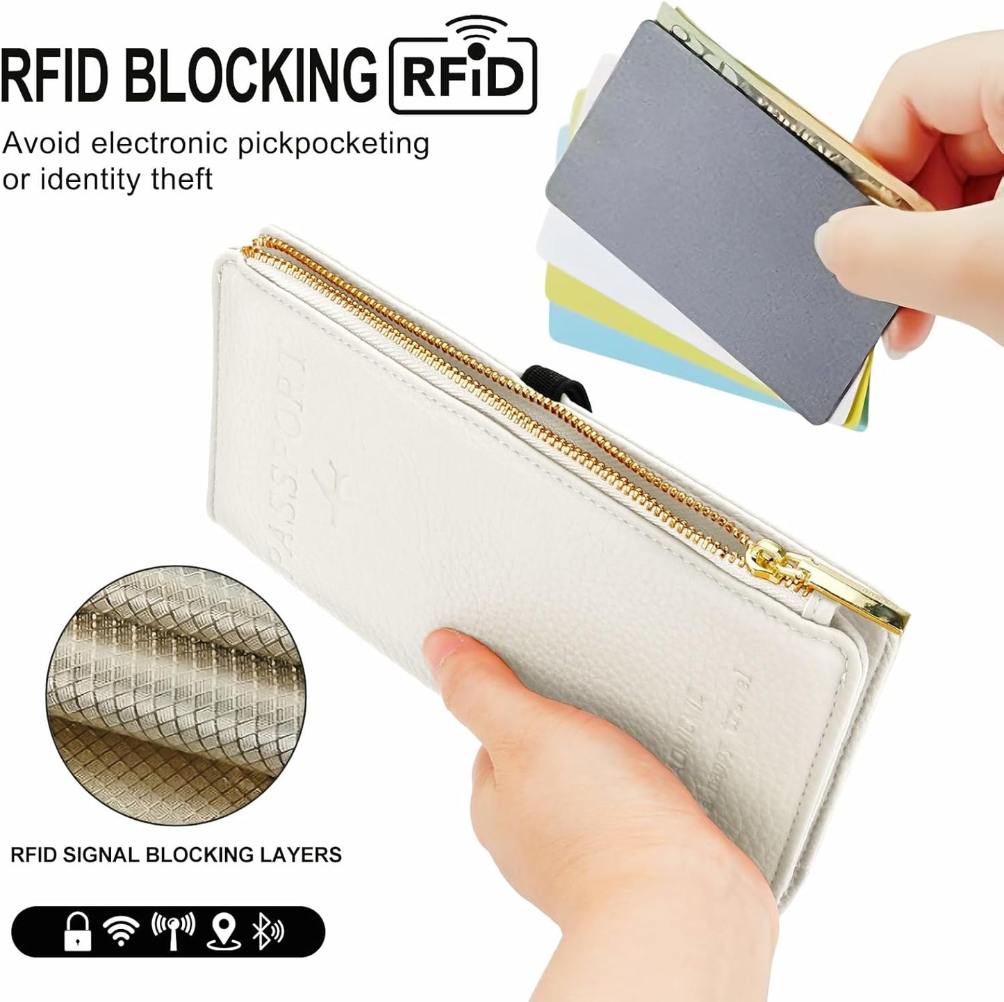 DOB SECHS Passport Holder for Travel Women RFID Blocking Leather Passport Wallet Travel Document Organizer Pouch Bag, Slim Passport Cover Case with Zipper Cash Pocket Purse+Card Slots+ID Window, White