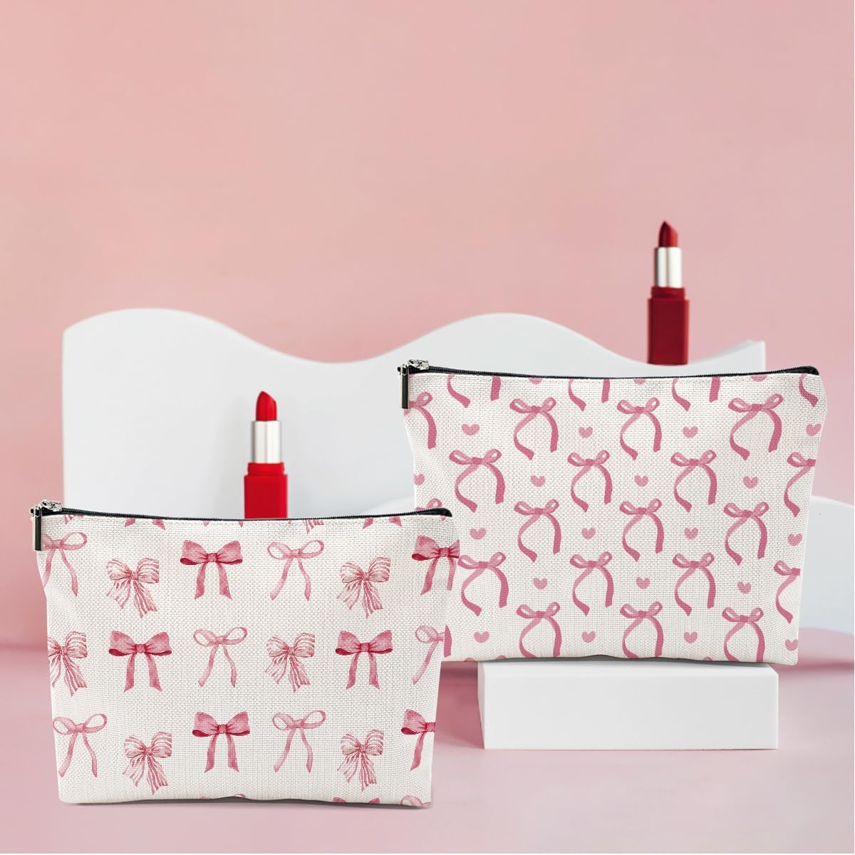 2PCS Pink Bow Makeup Bag, Coquette Preppy Bow Cosmetic Bags Gifts for Women Girls Pink Trendy Toiletry Bag Best Birthday Christmas Gifts for Girls Women Sister Travel Cosmetic Bag