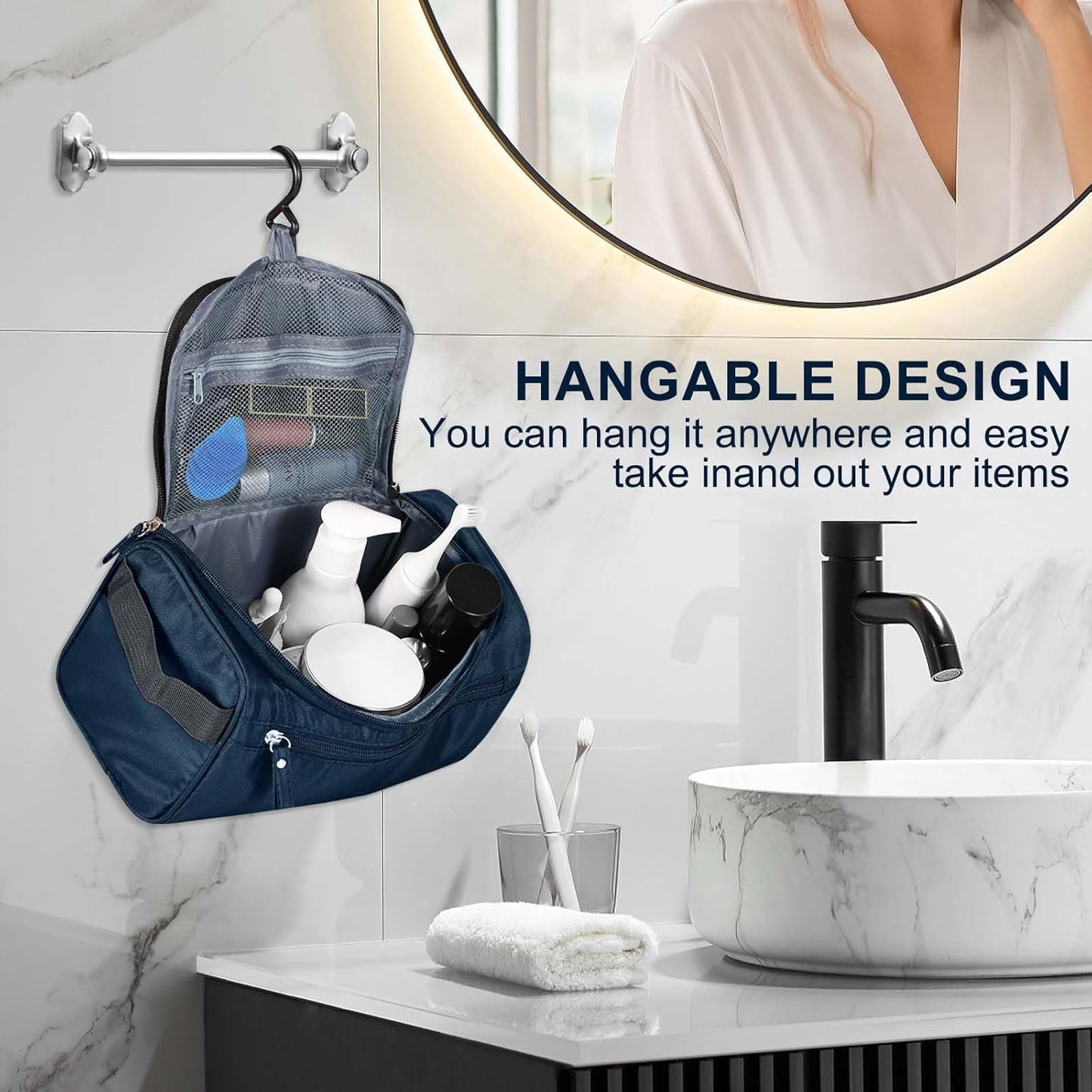 Hanging Toiletry Bag for Women and Men Traveling Makeup Large Capacity Cosmetics Portable Dopp Kit Storage Organizer Bag with Hanging Hook for Toiletries Brushes (Dark Blue)