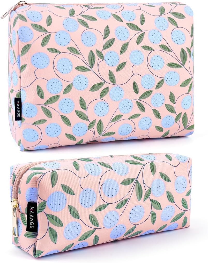 MAANGE 2PCS Makeup Bag for Women, Cosmetic Bag Set, Portable Travel Makeup Bag, Bolsa de Maquillaje, Impermeable Oxford Cloth Make Up Organizer with Gold Zipper(Pink Plants)