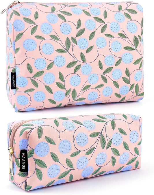MAANGE 2PCS Makeup Bag for Women, Cosmetic Bag Set, Portable Travel Makeup Bag, Bolsa de Maquillaje, Impermeable Oxford Cloth Make Up Organizer with Gold Zipper(Pink Plants)