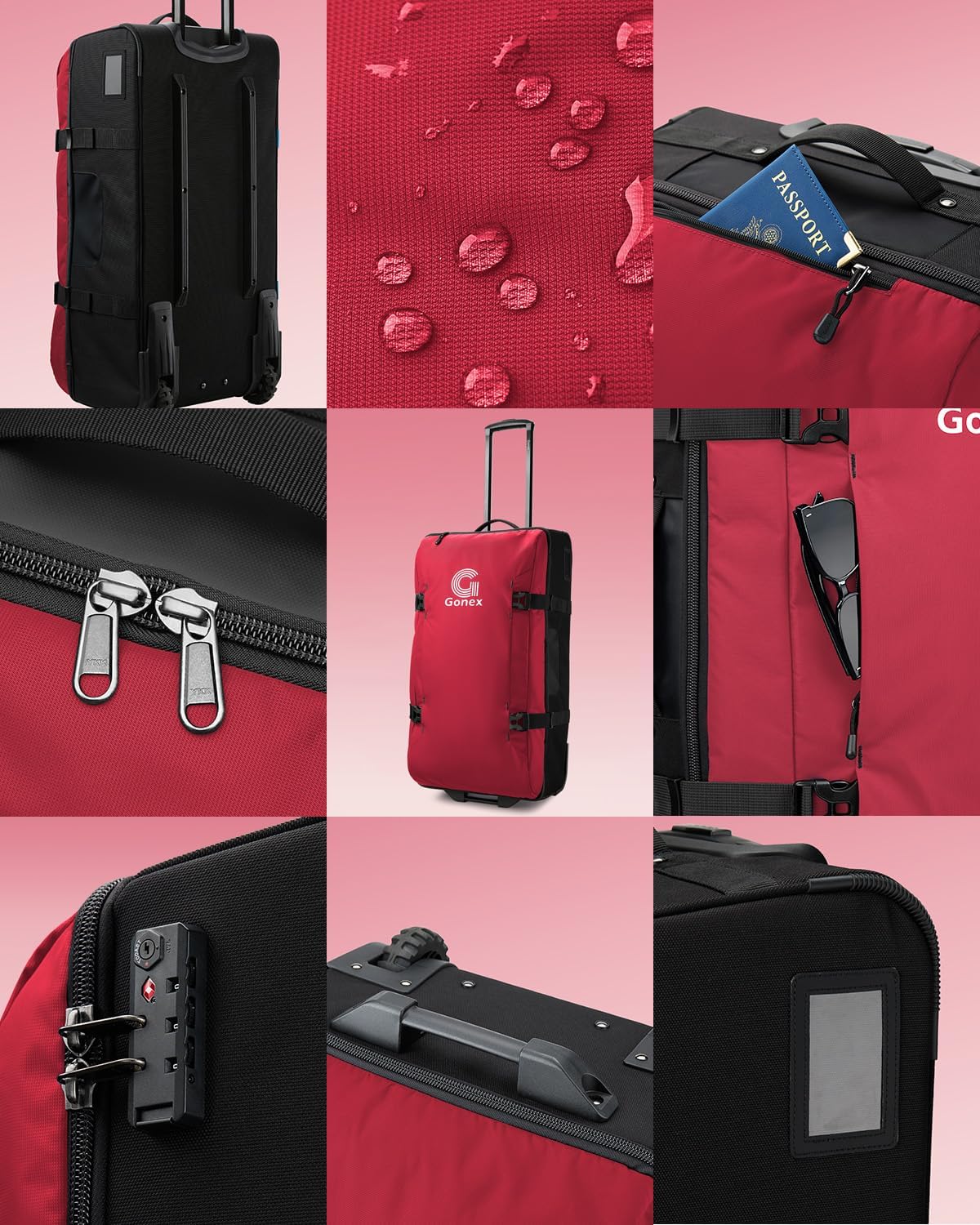 Gonex Rolling Duffle Bag with Wheels, Water-repellent 30 inch Nylon Large Wheeled Travel Duffel Luggage with TSA Lock & Telescopic Handle 100L, Red