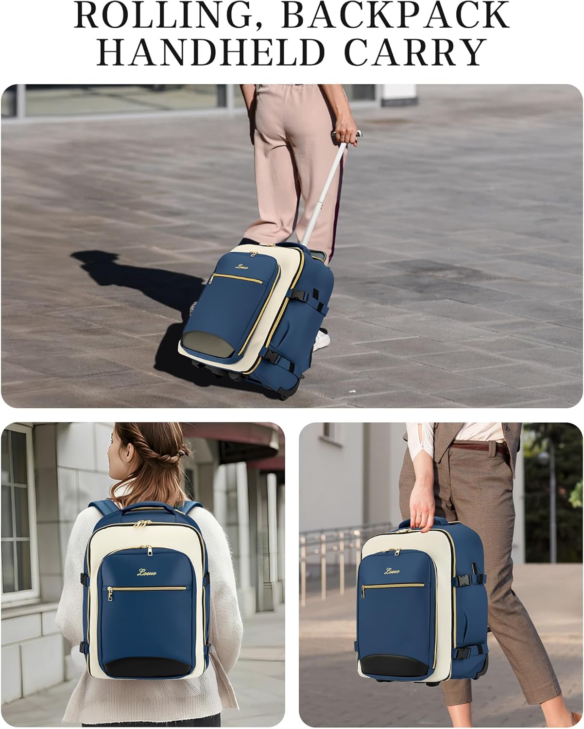 Carry On Backpack with Wheels for Adults, Airline Approved Rolling Backpack for Women, Foldable Bottom Travel Laptop Backpack (Deep Blue)