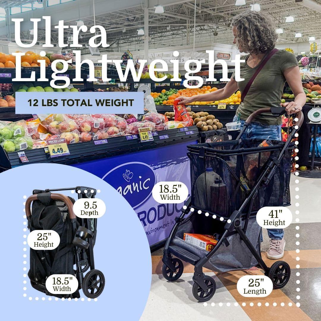 Strolee Personal Luxury Folding Shopping Cart On Premium Wheels – Ultra Lightweight Aluminum Frame – Removable Shopping Bag with Carry Strap & Lower Grocery Storage 75Lbs Capacity (Sage v2)