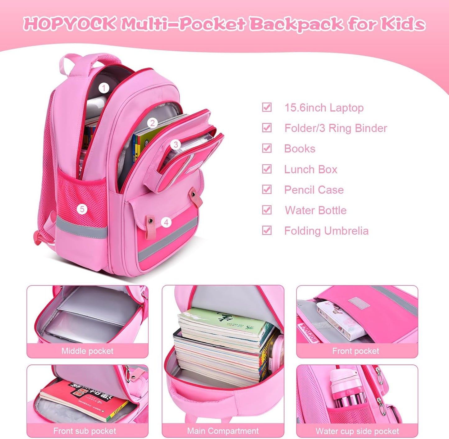 HOPYOCK-School Bags for Girls,Multi-Pocket Unisex Elementary School Backpack with Reflective Design,Kids Backpacks Fit for 4-12 Years Old