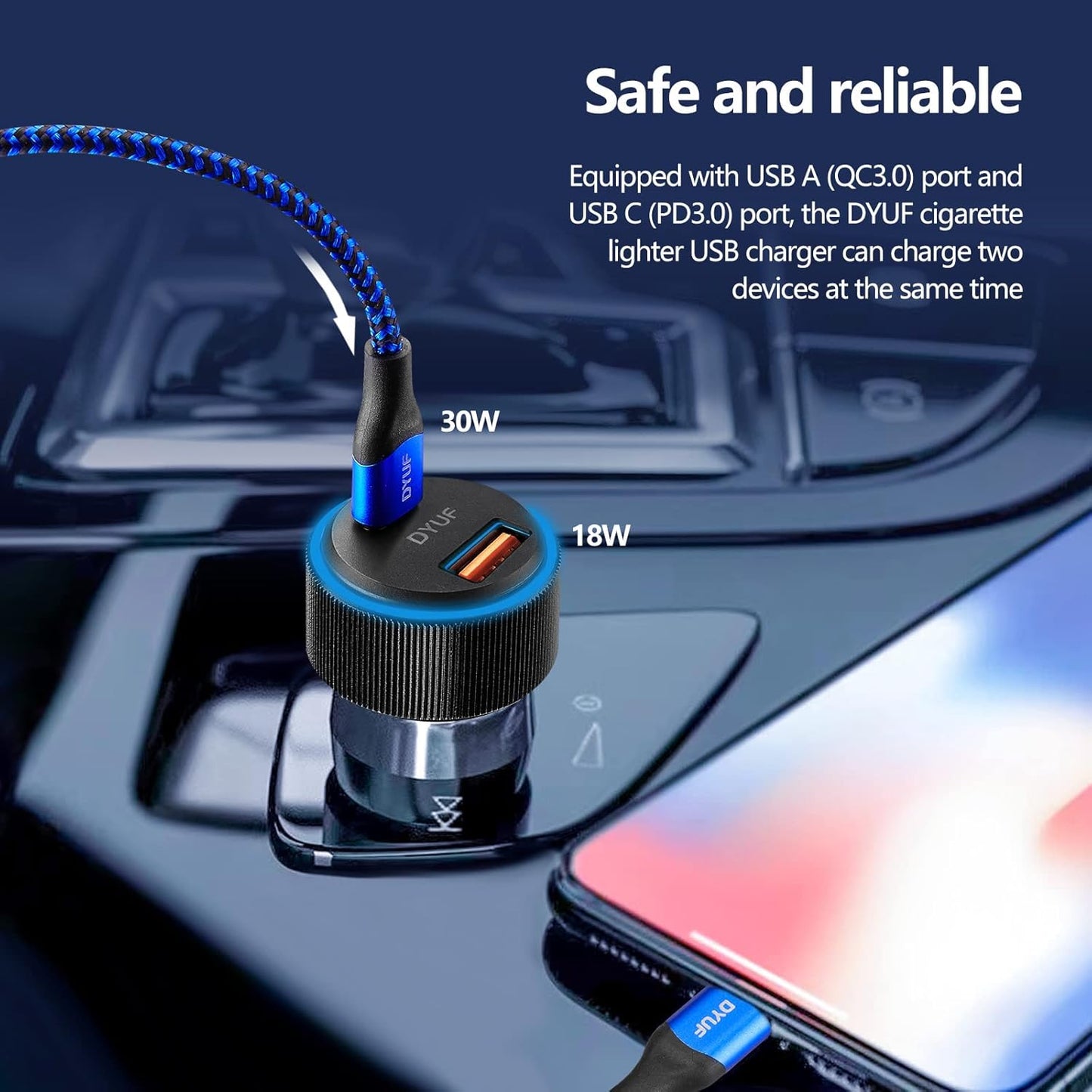 DYUF USB C Car Charger 48W,Fast Car Charger Adapter,with 60W Type C Fast Charging Cable,Dual USB Port PD30W&QC3.0 18W Car Phone Charger,for Samsung Galaxy S22/S21/Ultra 5G,Note 20/10、iPad Pro,Etc