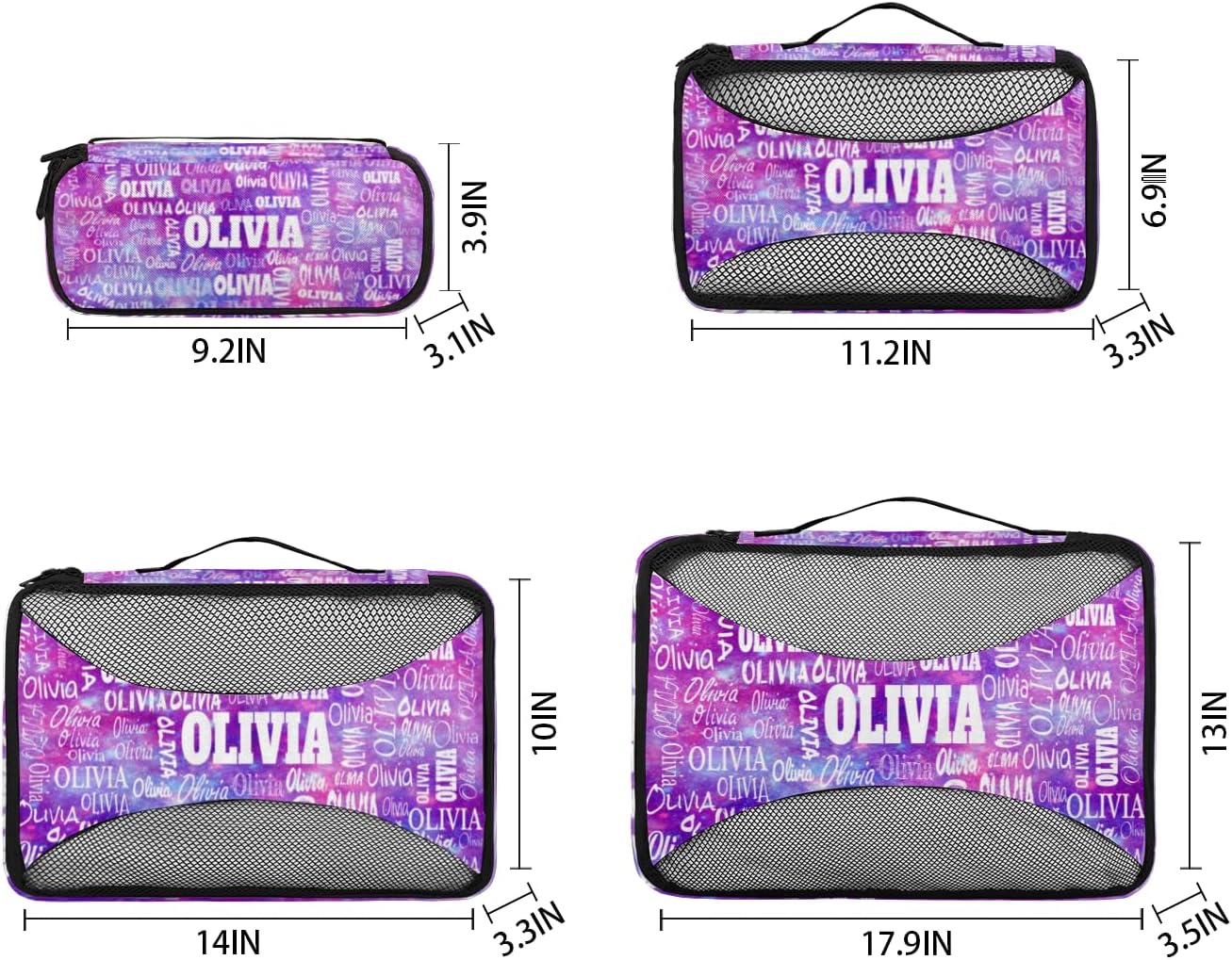 Personalized Packing Cubes, Set of 4 with Zipper Handles, Custom Name Travel Suitcases Luggage Packing Organizers, Watercolor Purple Galaxy Background