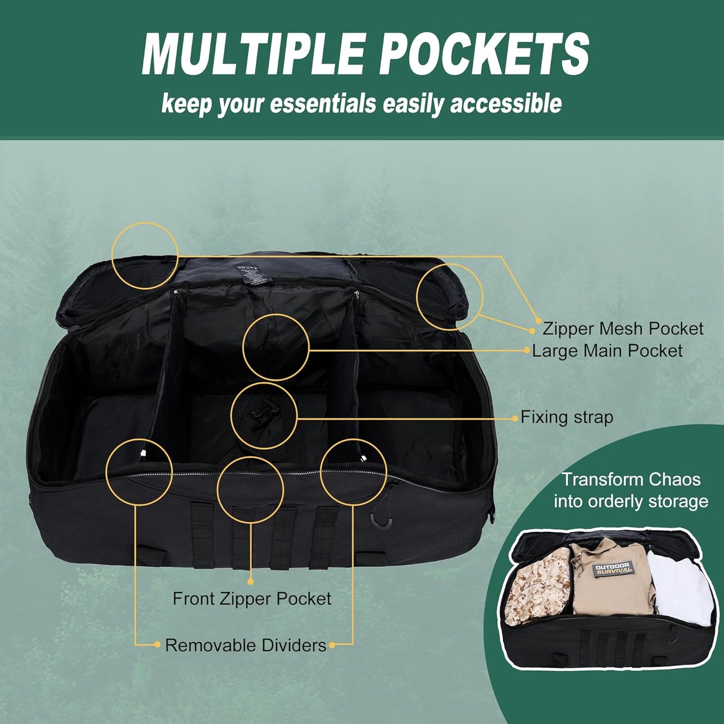 Gym Bag Duffle Bags Backpack Travel Duffle Bag with Weekend Overnight Bag for Outdoor Tactical Sports Travel Camping Hunting (Black, 40L)