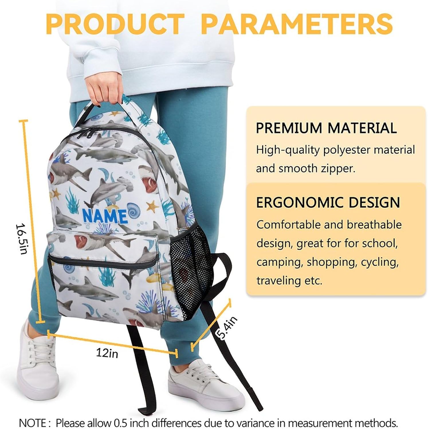 Custom Shark Backpacks for Boys, Large Capacity Backpack for School, Cute White Lightweight Bookbag