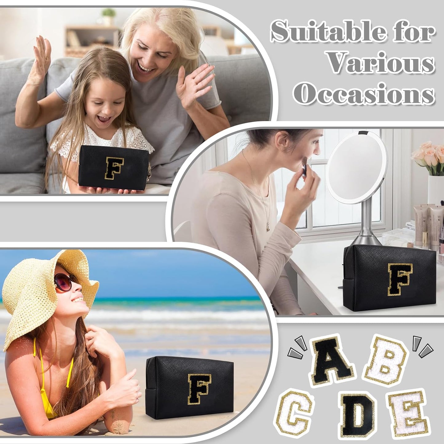 Personalized Initial A-Z Preppy Patch Makeup Bag,Small PU Chenille Letter Cosmetic Bag with Zipper