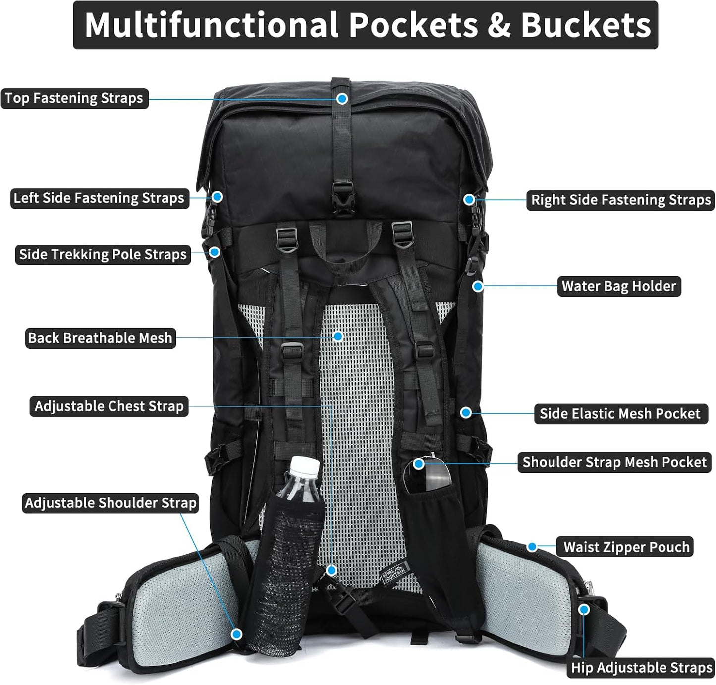 Hiking Backpack,30L +10L Extra Large Capacity Hiking Bag,Internal Frame Camping Backpack,Upgraded X-PAC Lightweight Sport Daypack Travel Backpacks Fit For Mountain Climbing Camping (Black)