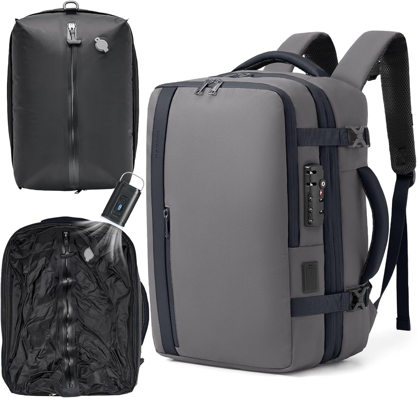 Fanwoli Vacuum Travel Backpack, Carry On Luggage with TSA Lock & Anti Theft Zipper, Expandable Airback with Compression Pump, Waterproof Laptop Bag Ideal for Flight & Business