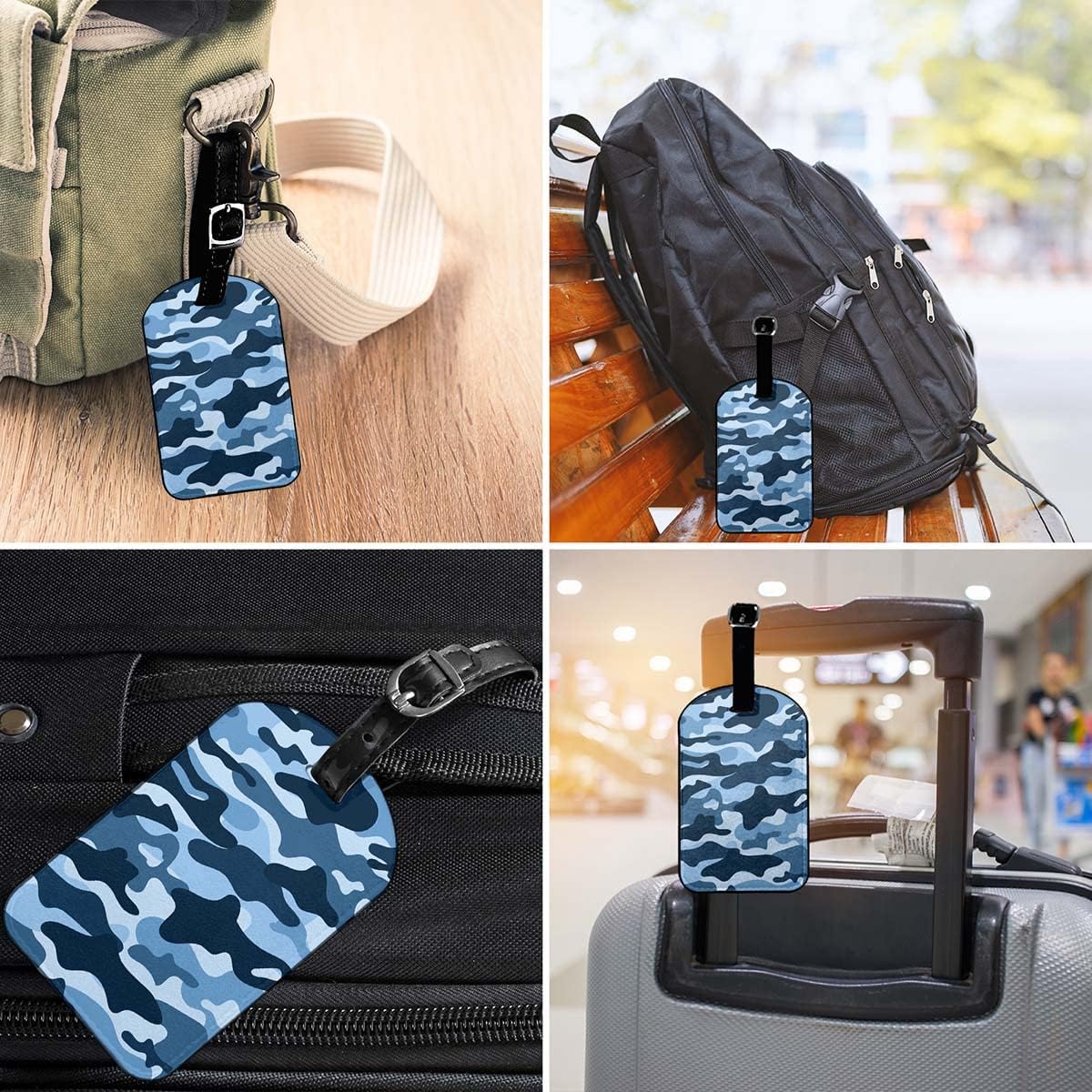 Blue Camouflage Leather Suitcase Tags Identifiers Retro Ocean Design Camo Pattern Navy Blue Leather Luggage Bag Case Tags with Name ID Card for Travel Bags Schoolbag Handbag Lunchbox, 1 Pack