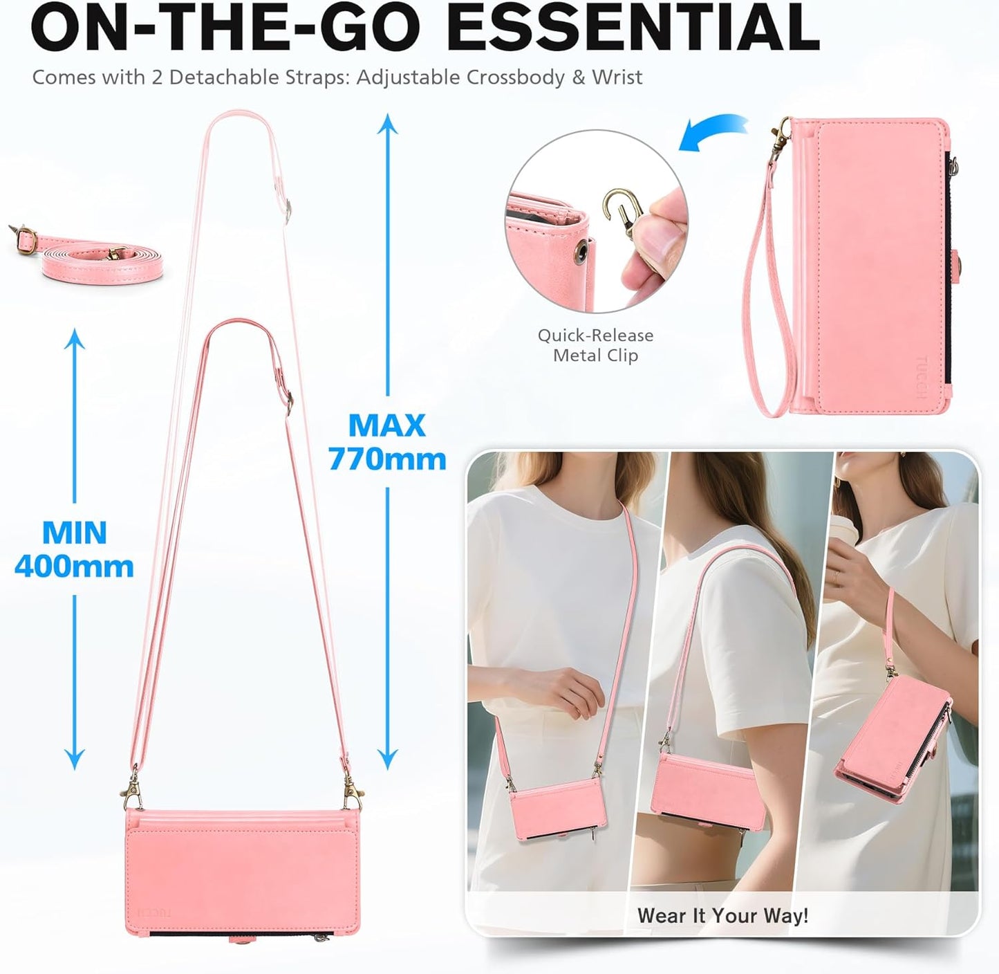 TUCCH Detachable Crossbody Wallet Case for iPhone 17 Pro 6.3", 9 Card Slots RFID Blocking | Stand | Lanyard Wrist Strap | Wireless Charging | Zipper Pocket | PU Leather Magnetic Flip Cover | Rose Gold