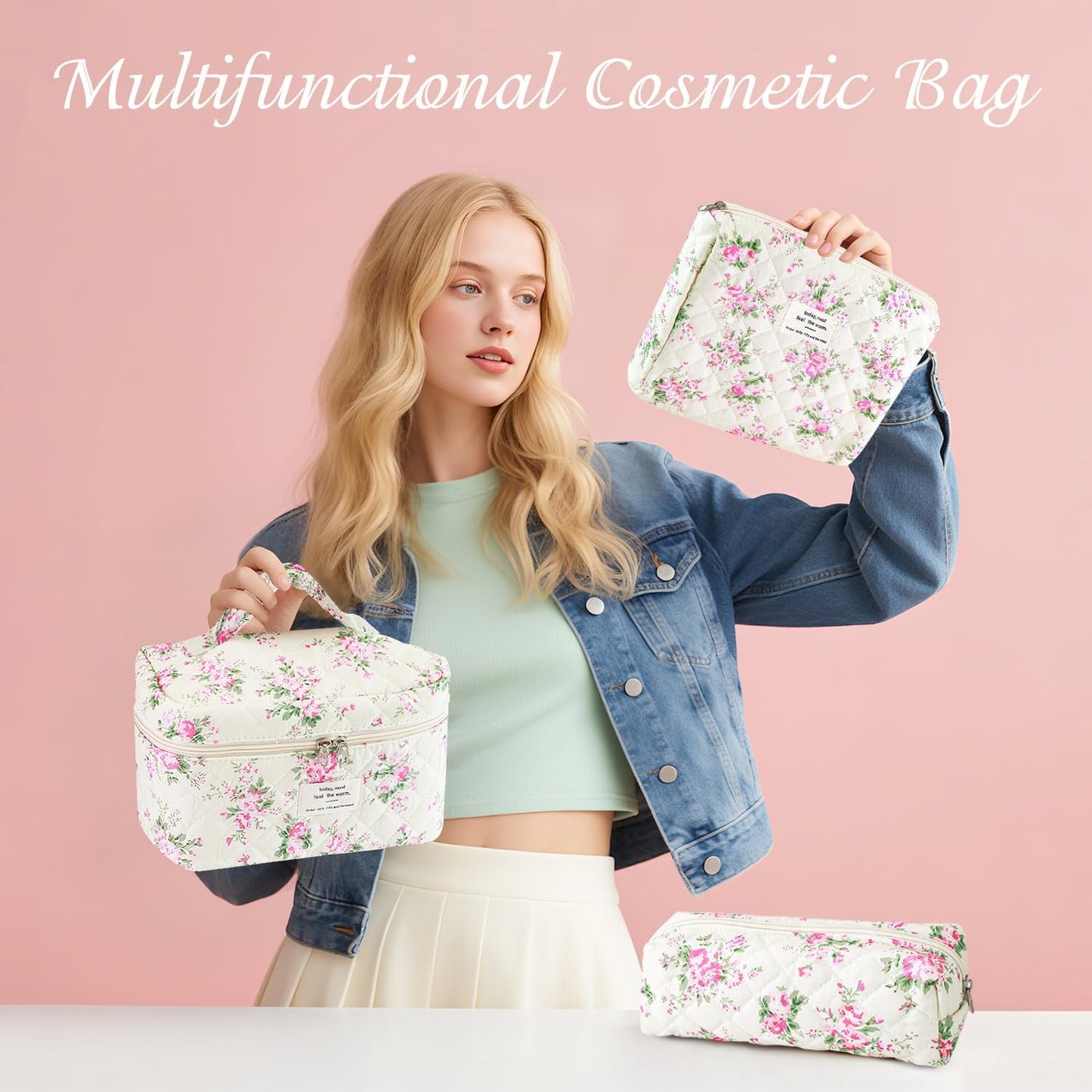 3Pcs Cotton Quilted Makeup Bag for Women Girls, Large Floral Cosmetic Bag Set Cute Makeup Brushes Aesthetic Accessories Storage Bag Pink Flower Travel Toiletry Bag Organizer