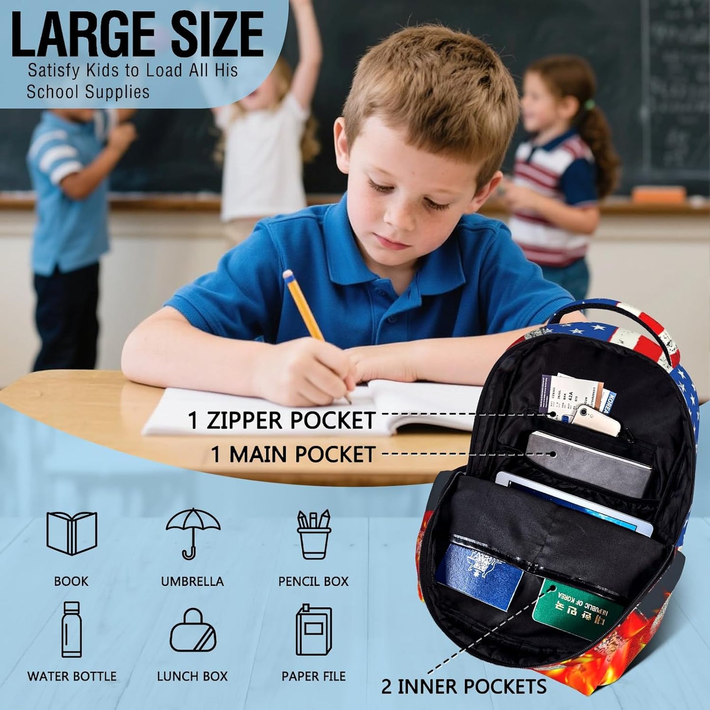 American Football School Backpack for Boys Sports Theme Backpack for Kid Boys Ages 6-18 Elementary Middle School Students Kids' Backpacks Football American Flag Bookbag Travel Back Pack