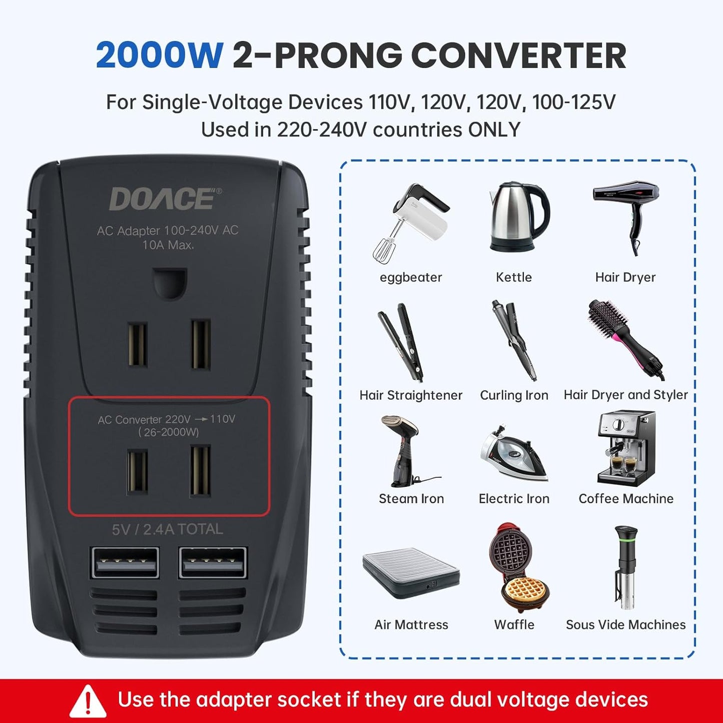 Upgraded 2000W Voltage Converter US to Europe -220V to 110V Converter for European Travel for Hair Dryer Straightener, 2300W with PD Charger for Tablet Camera Cell Phone