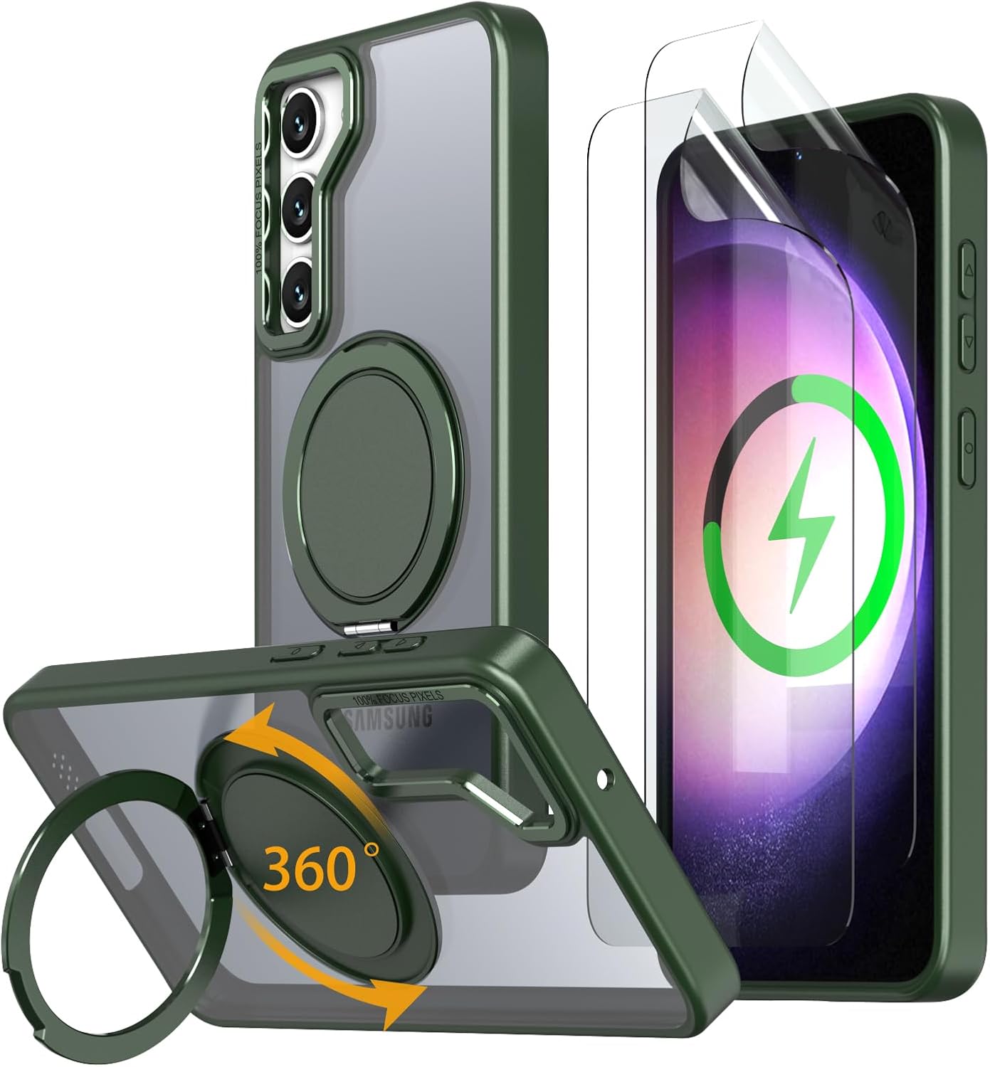 Magnetic Stand Case for Samsung Galaxy S24/S25 6.2" [with 2 Screen Protectors] [360° Rotation Magnetic Stand] [Compatible with Magsafe] Military-Grade Drop Protection Case, Green