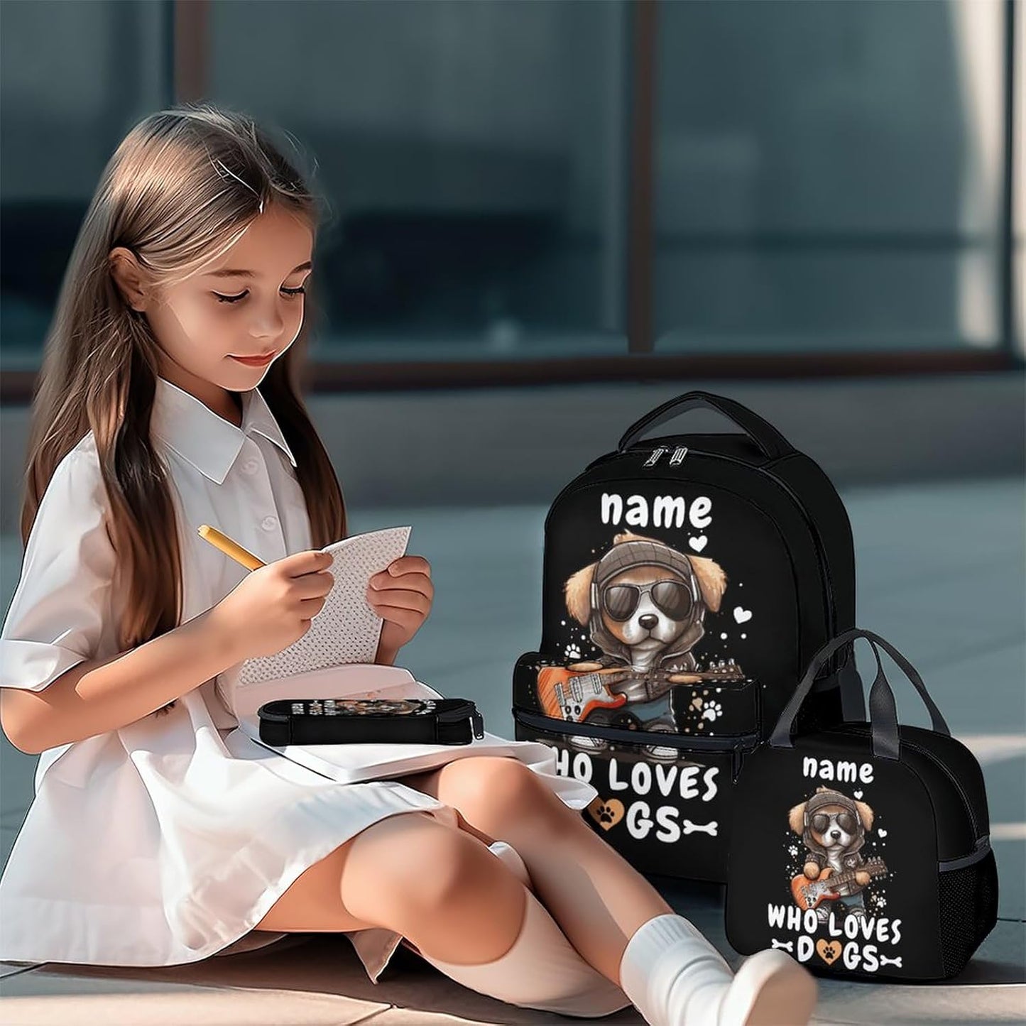 Custom Dog Backpack with Lunch Box, Set of 3 School Backpacks Matching Combo, Cute Black Bookbag and Pencil Case Bundle
