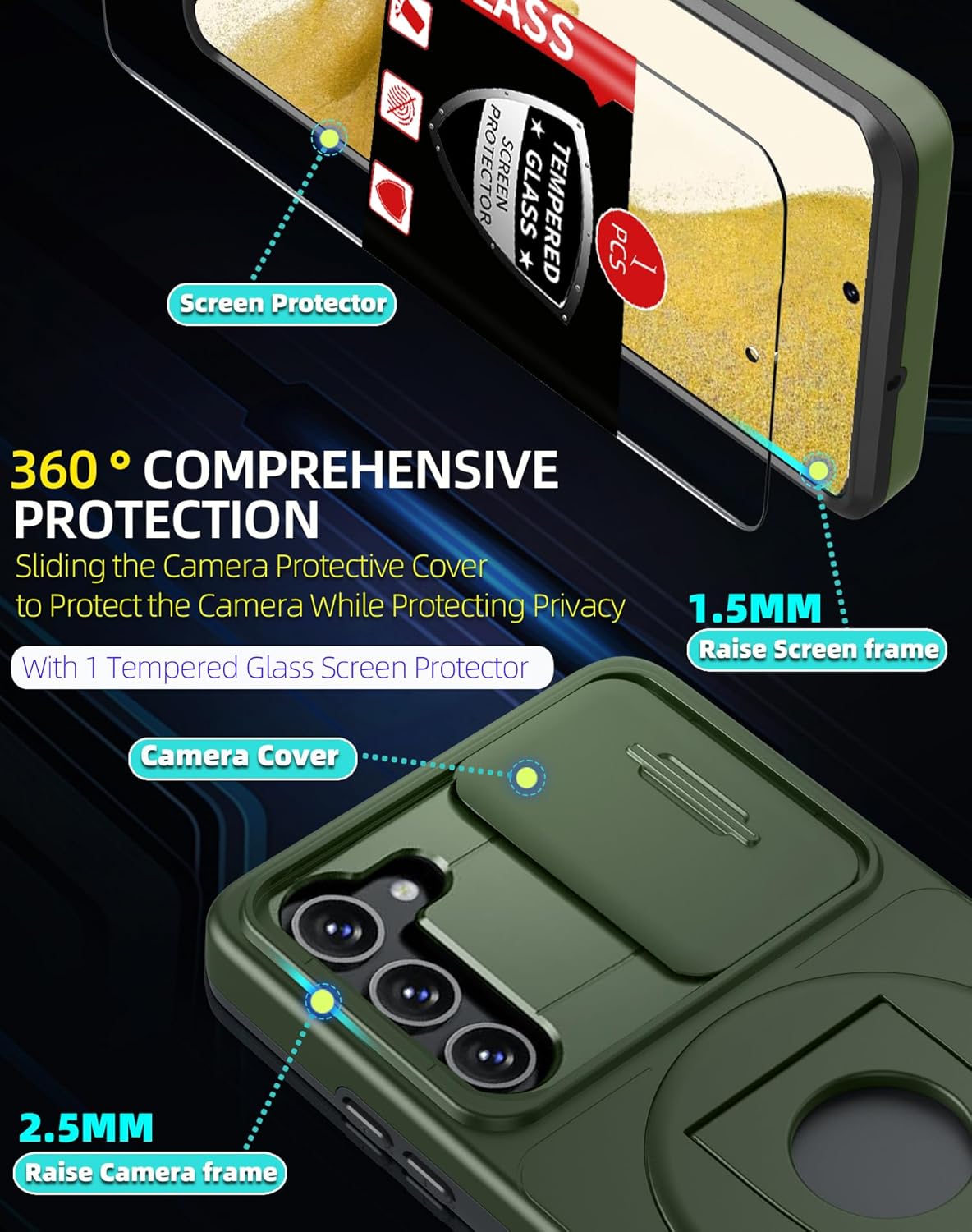 for Samsung Galaxy S22 Plus Case Magnetic Compatible with MagSafe Wireless Charging,with Screen Protector,for S22+Plus Case with Stand Ring+Camera Cover Shockproof Heavy Duty Protection Green