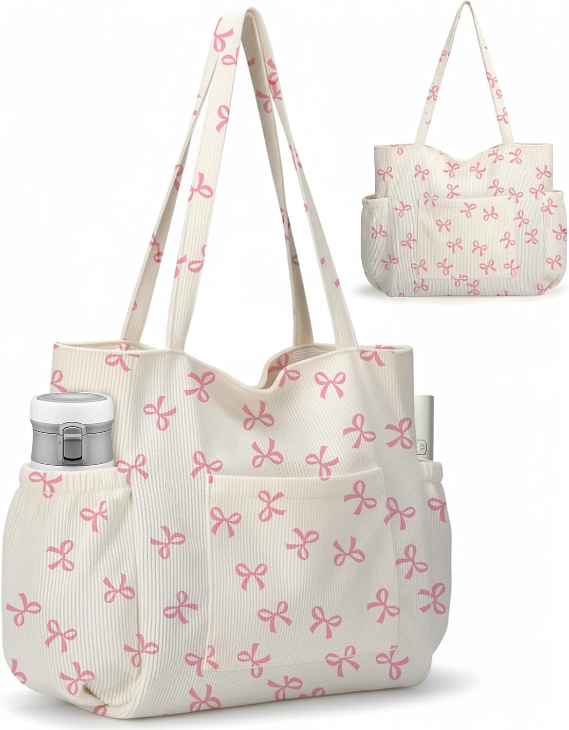 Corduroy Tote Bag for Women,Large Capacity Cute Tote Bags With 6 Pockets,Crossbody Shoulder Handbag
