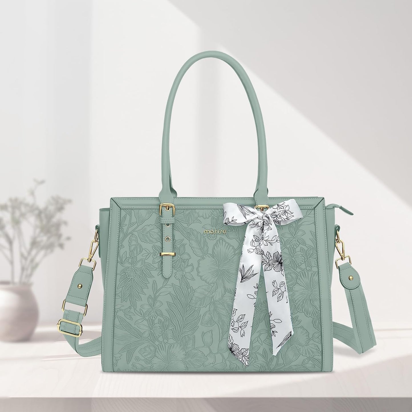 MOSISO Laptop Bag for Women, PU Leather Tote Bag, Front Embossed Retro Hibiscus Computer Bags with Silk Scarf&Clutch Purse