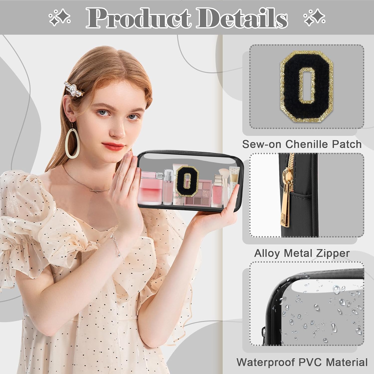 Personalized Initial Letter Clear Makeup Bag,Preppy Small Nylon&PVC Cosmetic Zipper Bag with