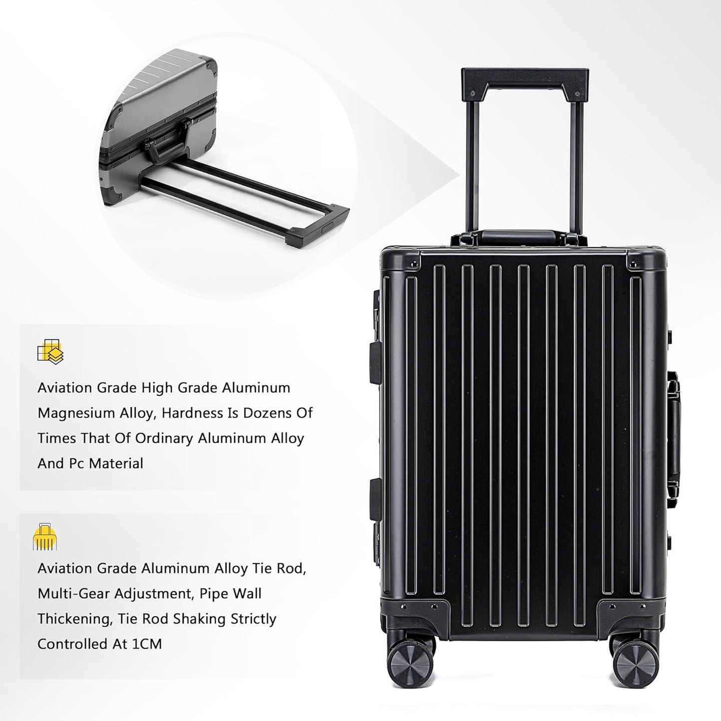 YYW All aluminum-magnesium Carry-On Luggage 20 Inch,Airline Approved Lightweight Suitcase with TSA Lock and Silent Wheels,Suitable for business travel (Black, 20in)