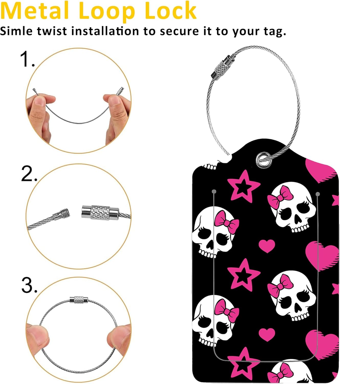 2 Pack Luggage Tags for Suitcases,Hearts and Skulls Luggage Tag,PU Leather Id Label Luggage Tags with Stainless Steel Loop and Privacy Cover for Women Men Teens Travel