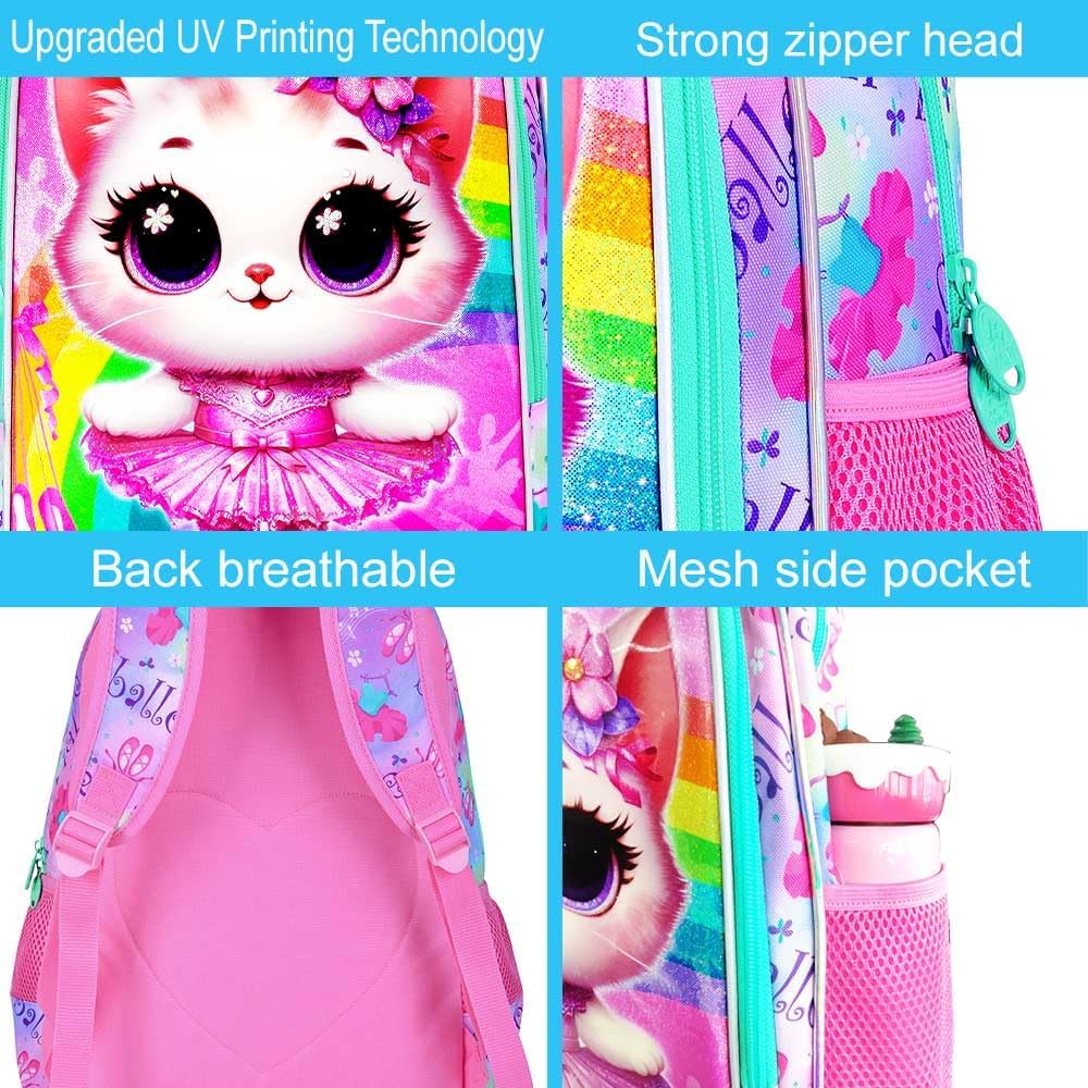 CCJPX 3PCS Cat Backpack for Girls, 16”Kids Ballet Preschool Bookbag with Lunch Box, Cute Ballet Water Resistant School Bag for Elementary Kindergarten Toddler