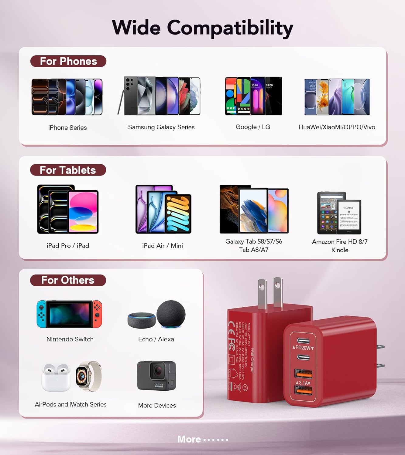40W USB C Wall Charger, 2-Pack Super Fast Charging Block PD+QC 4 Port Charger Cube for iPhone 17/16,iPad Pro/Mini/Air, iPod Nano, iPod Touch, Switch, Smart Phone, Smartwatches and Tablet(Red)