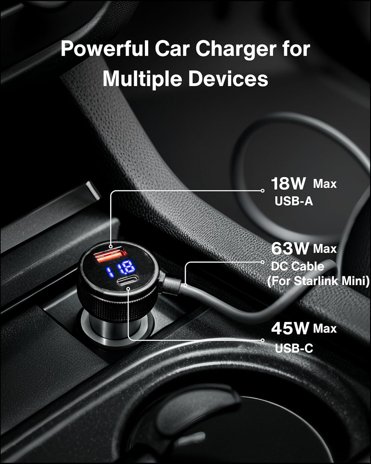 Car Charger Cable for Starlink Mini 16.5FT/5M with Display - 60W DC + 33W Dual USB-C/USB-A Power Adapter for Trucks, RVs & Boats, 12-24V Aluminum 18AWG Cord with Real-Time Voltage Monitoring