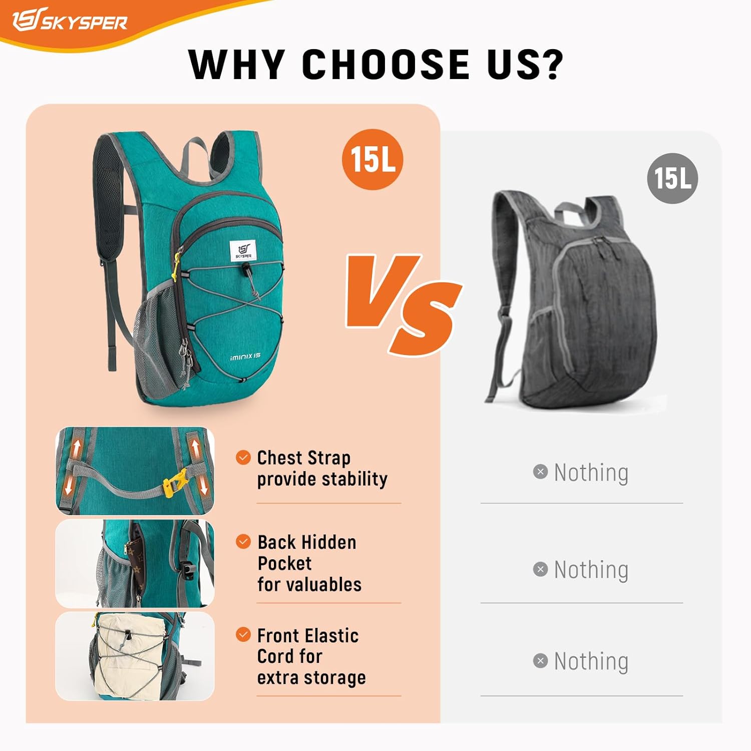 SKYSPER 15L/20L Foldable Hiking Backpack Lightweight Packable Travel Daypack with Chest Strap Small