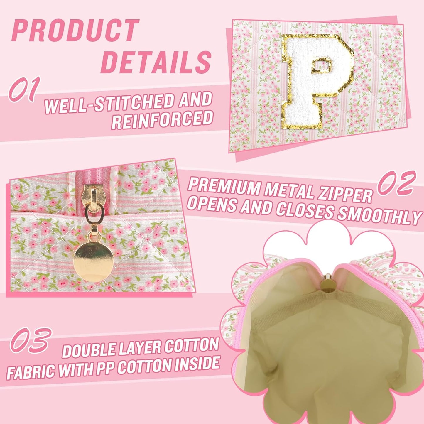 Personalized Quilted Cosmetic Bag, Puffy Monogrammed Christmas Birthday Gifts for Women & Girls, Cute initial Floral Makeup Bag Puffer Coquette Bag, Aesthetic Travel Toiletry Zipper Pouch(Pink,P)