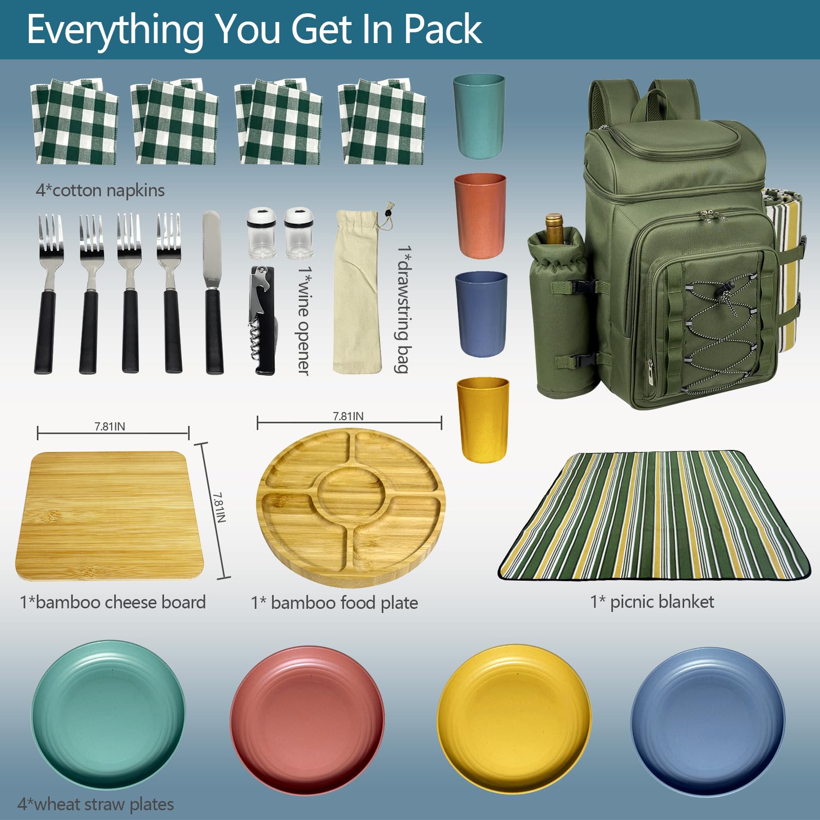 Hap Tim Picnic Basket Backpack for 4 Person with Blanket, Insulated Leakproof Cooler Compartment