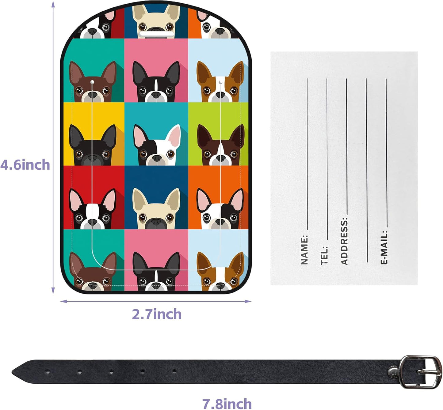 2 Pack Luggage Tags Boston Terrier PU Leather Baggage Handbag Suitcase Tags with Secure Strap Privacy Cover ID Labels,Business Travel Baggage Tag Identifier
