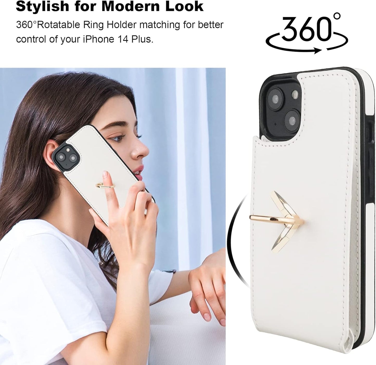 Folosu Compatible with iPhone 14 Plus Case Wallet with Card Holder, 360°Rotation Finger Ring Holder Kickstand, RFID Blocking Leather Protective Double Buttons Shockproof Cover 6.7 Inch White