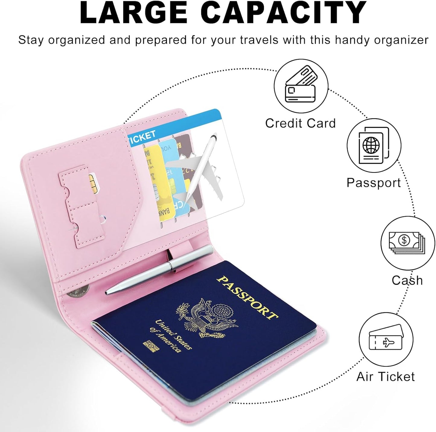 ACdream RFID BLOCKING Passport Holder Travel Wallet, Premium PU Leather Cover Passport Book with Card Holder, Pen Holder, Keep Organization, and Travel Essentials for Women and Men, Bright Pink