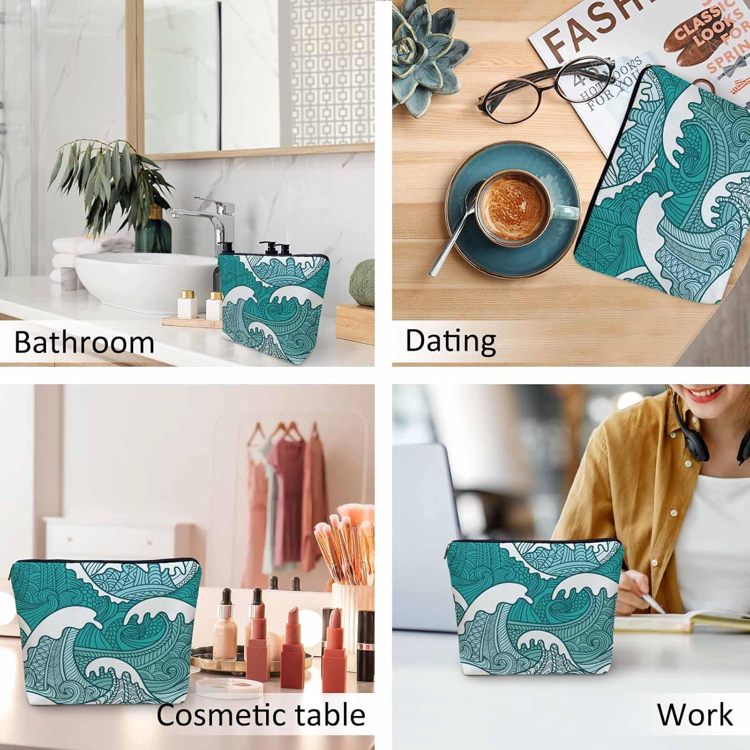 Women Makeup Organizer Bag Ocean Waves, Japanese Great Wave Ocean Sea Waves Flax Cosmetic Bag