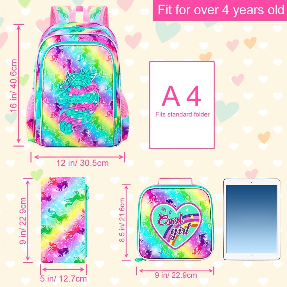 AGSDON 3PCS Backpack for Girls, 16'' Kids Unicorn Bookbag with Lunch Box, Kindergarten Backpacks for Elementary Toddler