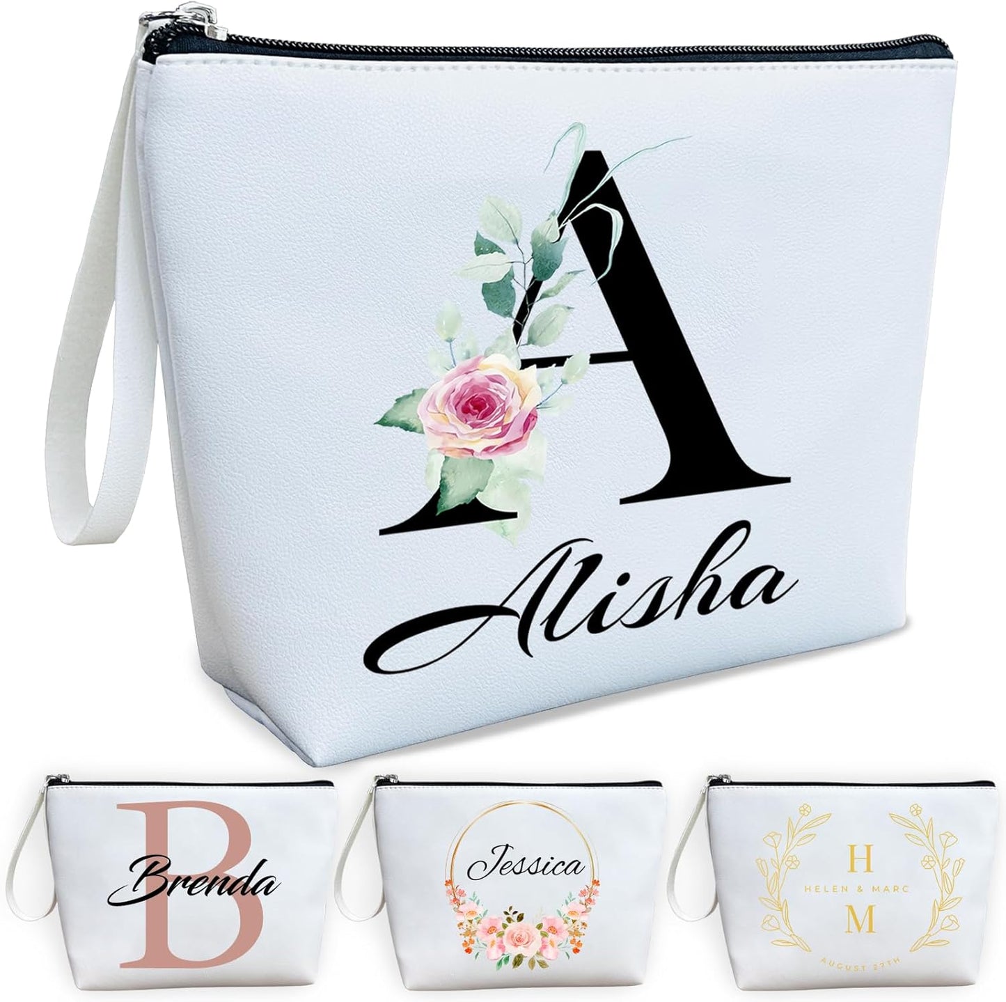 ubmpj Personalized Makeup Bag PU Leather Waterproof Custom Monogrammed Cosmetic Bag with Inner Pocket Gift for Wedding Birthday Christmas Bride Bridesmaid Friends