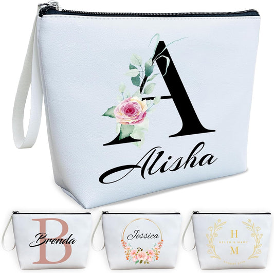 ubmpj Personalized Makeup Bag PU Leather Waterproof Custom Monogrammed Cosmetic Bag with Inner Pocket Gift for Wedding Birthday Christmas Bride Bridesmaid Friends