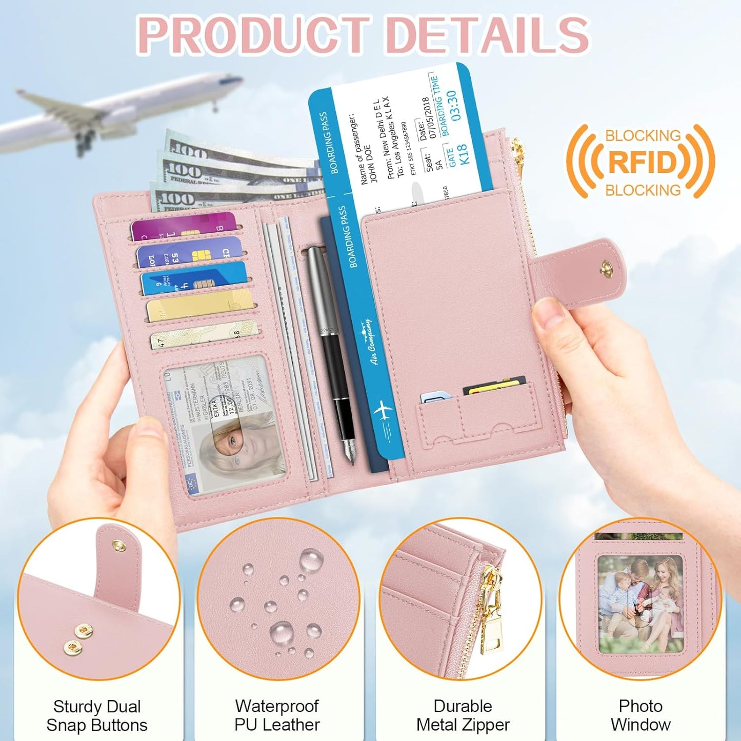 Passport Holder for Travel Women, RFID Blocking Passport Wallet with Airtag Slot, PU Leather Passport Cover Travel Wallet with Zippered Coins Pocket for Travel Essentials