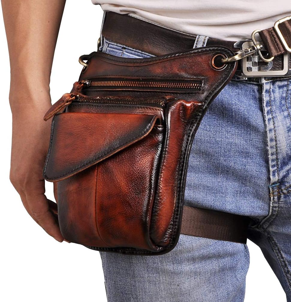 Leather Waist Pack Drop Leg Bag for Men Women Belt Bumbag Multi-Purpose Motorcycle Bike Outdoor Sports Tactical Cycling Riding Hiking Camping Pouch