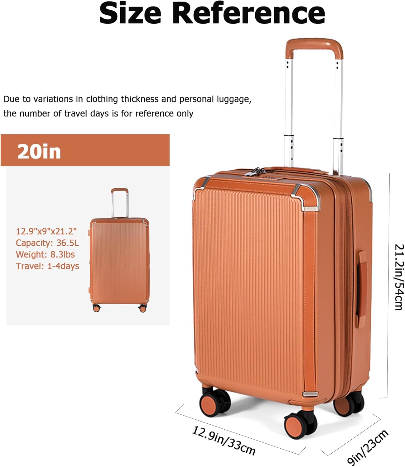 feilario 20in Hardshell Carry-On Luggage Lightweight Spinner Brake Wheels Suitcase with Zipper