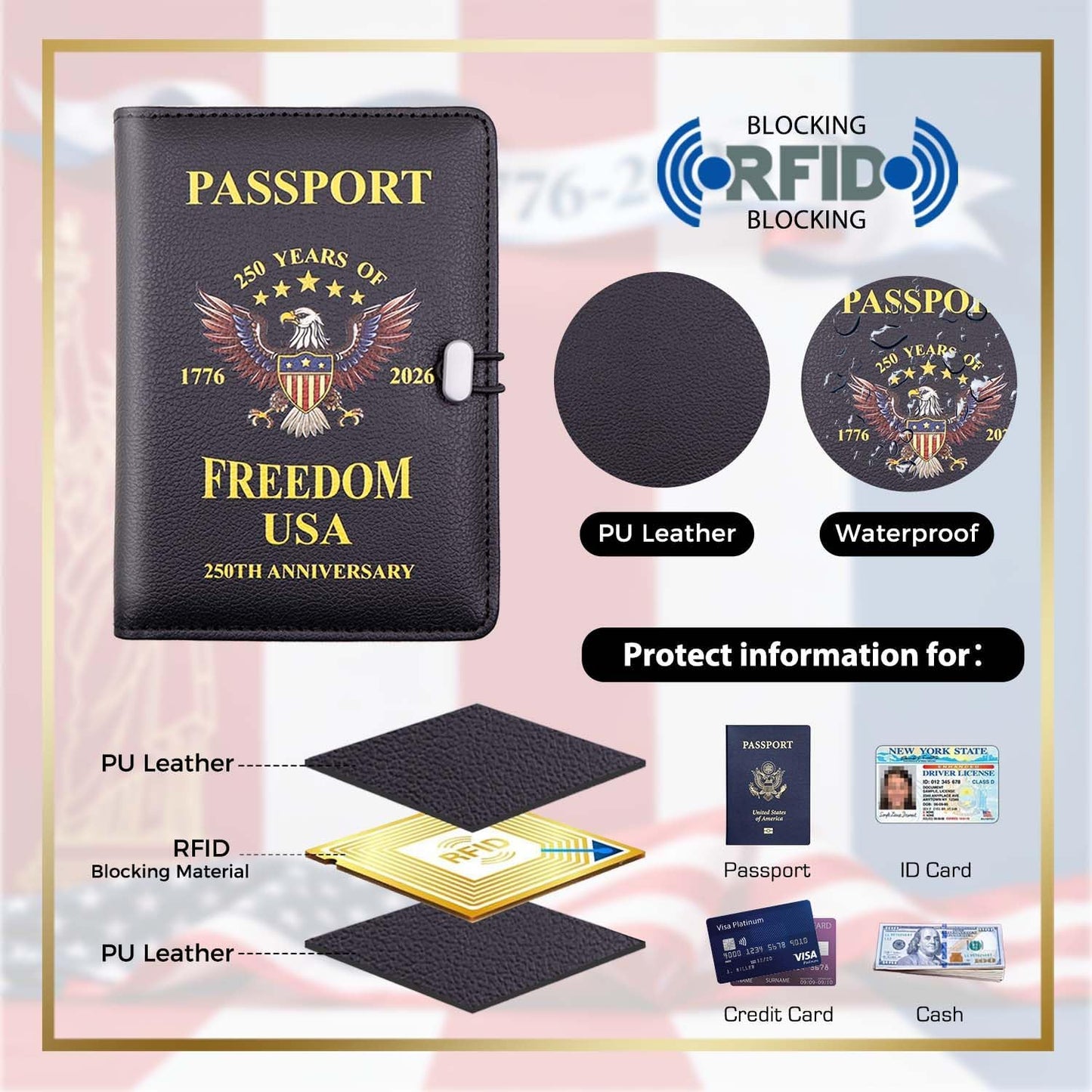 Melsbrinna Passport Holder for Travel,United States 250th Anniversary Passport Holder,Passport Cover Case for Travel,RFID Blocking Travel Wallet Holders for Women and Men (Black)