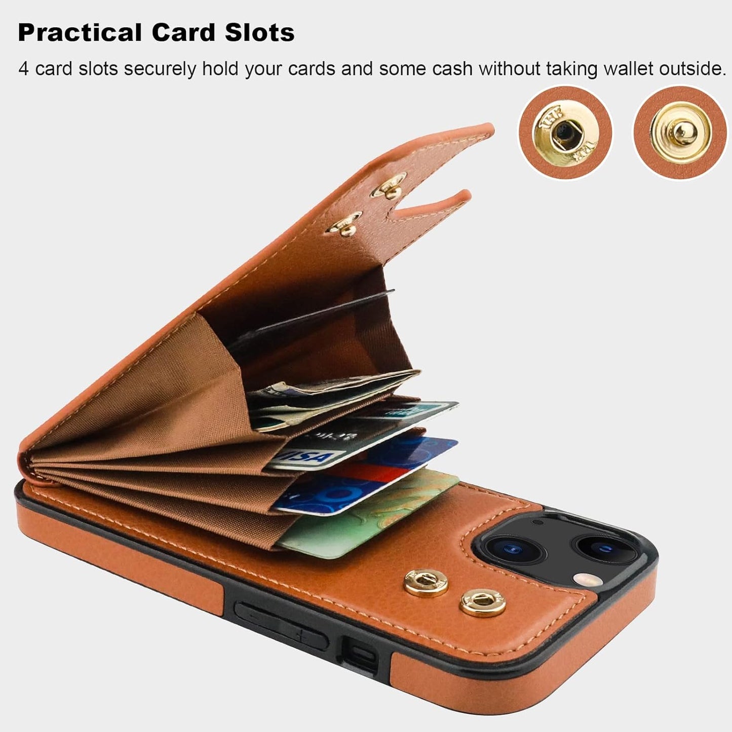 Folosu Compatible with iPhone 14 Case Wallet with Card Holder, 360°Rotation Finger Ring Holder Kickstand, RFID Blocking Leather Protective Double Buttons Shockproof Cover 6.1 Inch Brown