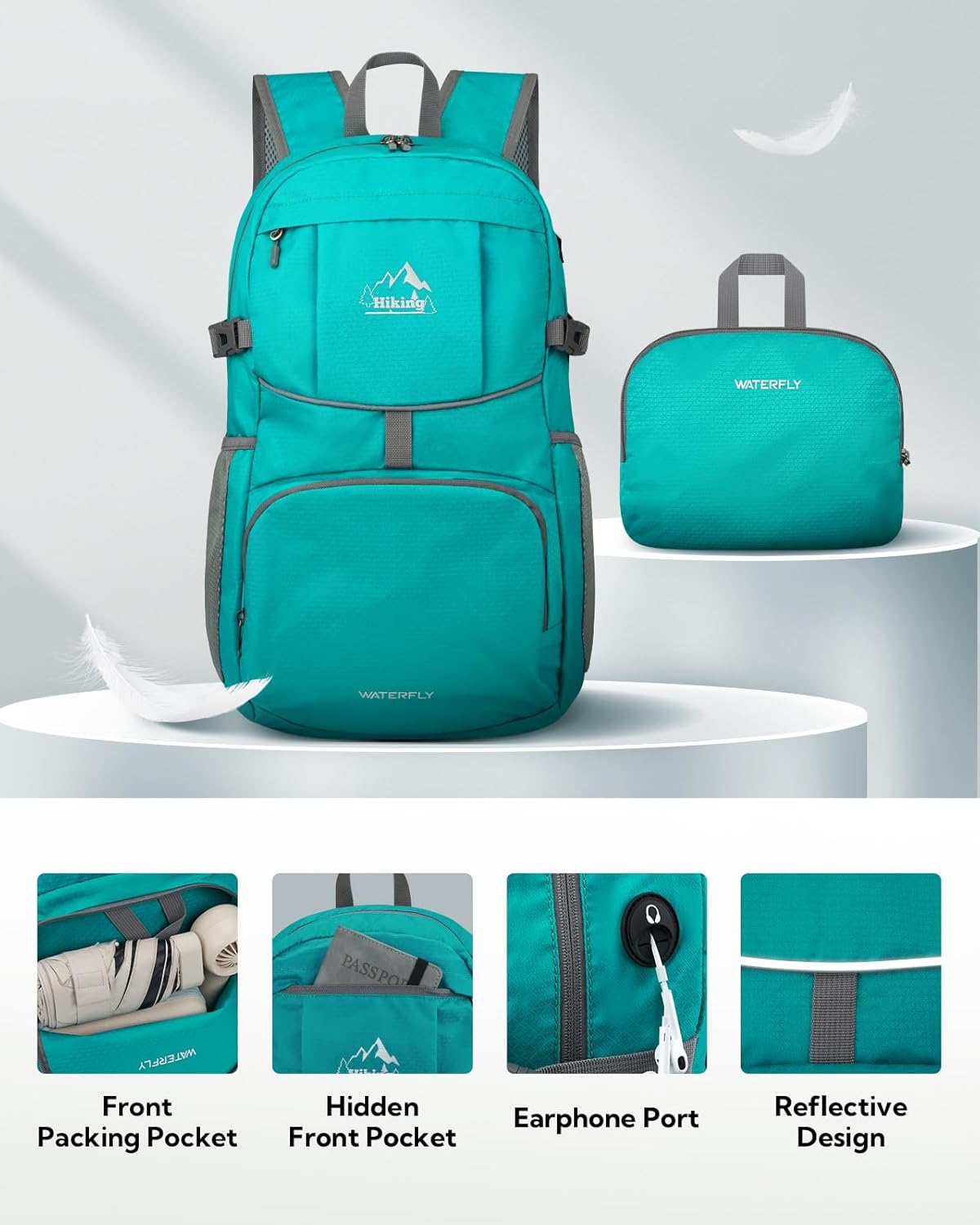 WATERFLY Hiking Packable Daypack Backpack: 35L Ultra Lightweight Day Pack for Woman Man - Large